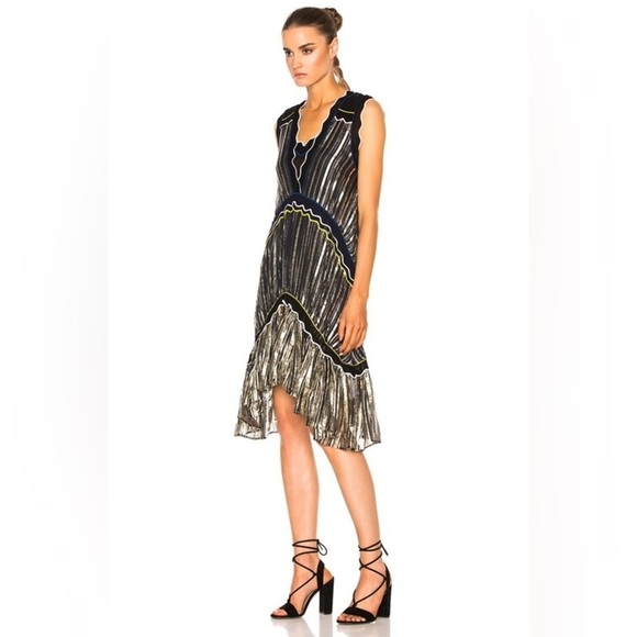 NWT Peter Pilotto Metallic Chiffon Dress Gold Navy Sheer Designer Sz M - Picture 4 of 16